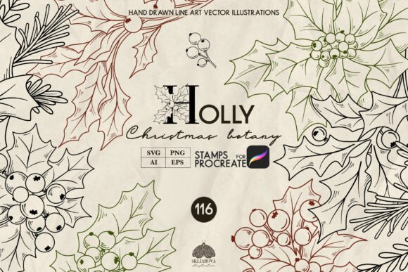 Christmas Holly Tree Line Art Collection