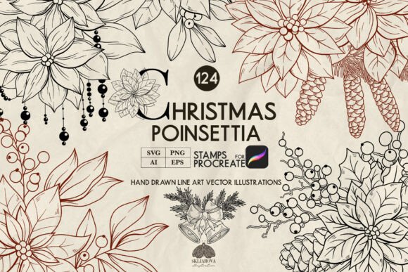 Christmas Poinsettia Line Drawing Collection